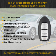 Key Fob Replacement Compatible with Nissan Altima Versa Sentra 2019-2022 Smart Proximity Keyless Entry Remote Control Replaces KR5TXN4 285E3-6CA6A 5 Buttons