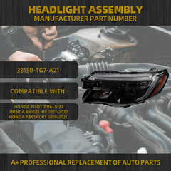 LED Low Beam w/DRL Projector Headlight Compatible with Honda Pilot 2016-2022/Honda Ridgeline 2017-2020/Honda Passport 2019-2021 Left Driver Side Headlamp Assembly Replaces# 33150-TG7-A21