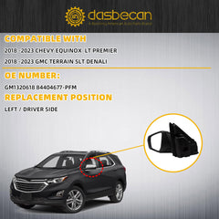 Driver Side Mirror Compatible With 2018-2023 Chevy Equinox GMC Terrain with Power Heated Glass/Manual Folding/Memory/Blind Spot Light/Turn Signal Replace# GM1320618 Chrome Paint Cover (12pin)