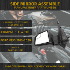 Side Left Mirror Compatible with 2015-2018 Ford F-150 Driver Side JL3Z-17682-CA FO1320556 FL3Z-17683-CC LH 8 Pins Power Heated LED Turn Signal