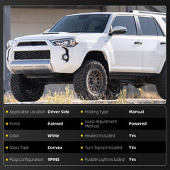 Left Driver Side Mirror Compatible with Toyota 4Runner 2014-2023 Manual Folding Power Adjustable Glass Heated Turn Signal Puddle Light Replaces TO1320312 White 9Pins