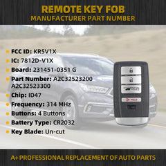 4 Buttons Key Fob Replacement Compatible with Acura MDX 2014-2020, RDX 2016-2018 Smart Keyless Entry Remote Control SUV Replace# FCC ID:KR5V1X, P/N:A2C32523200 A2C32523300