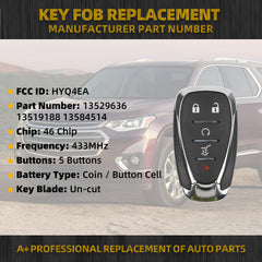 Key Fob Replacement Compatible with Chevy Traverse 2018 2019 2020 Blazer 2019 2020 Smart Proximity Keyless Entry Remote Control Replaces HYQ4EA 13529636 13519188 433Mhz 5 Buttons