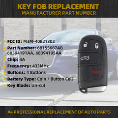 Key Fob Keyless Entry Compatible with Chrysler 200 2015-2018 Chrysler 300 Dodge Challenger Charger 2019-2021 Smart Remote Control 68155686AB M3M-40821302 4A Chip 4 Buttons