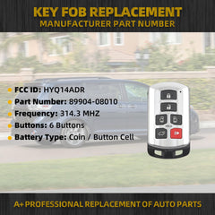 Key Fob Replacement Compatible with Toyota Sienna 2011-2020 Keyless Entry Remote Control Replaces 89904-08010 314.3 MHZ 6 Buttons