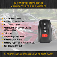 Key Fob Replacement Compatible with Toyota Camry 2018 2019 2020 2021 Smart Proximity Keyless Entry Remote Control Replaces HYQ14FBC 89904-06220 231451-0351 Board 314.3MHz 4 Buttons