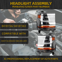 HID/Xenon Headlight Compatible with 2016-2018 Chevy Silverado 1500/2019 Chevy Silverado 1500 LD Left/Right Passenger Side Headlight Assembly Chrome Housing Replaces# 84181562 84181563