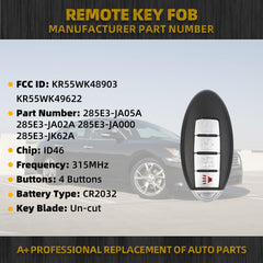 2 Pcs Key Fob Replacement Compatible with Nissan Altima 2007-2012 Murano Maxima 2009-2014 Infiniti Keyless Entry Remote Control Replaces KR55WK48903 KR55WK49622 ID46 Chip 315MHz 4 Buttons