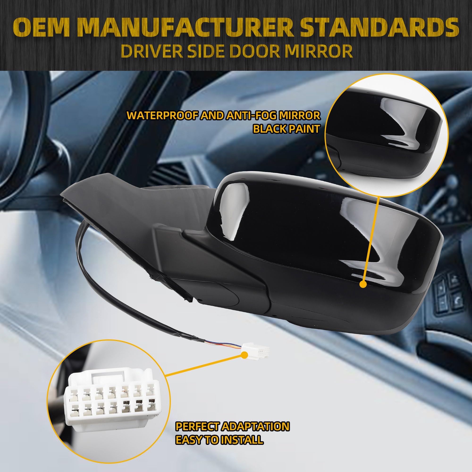 Driver Left Side Mirror Compatible with 2013-2017 Honda Accord With Power Glass Replaces# 76258T2FA11 HO1320272 Outer Rearview Mirror Black Color (3Pins) - Dasbecan