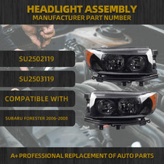 Halogen Headlight Compatible with 2006-2008 Subaru Forester Left Driver/Right Passenger Side Headlight Assembly Black Housing Replaces# 84001SA461 84001SA471 SU2502119 SU2503119