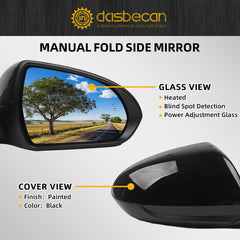 Right Passenger Side Door Mirror Compatible with Hyundai Elantra 2017-2020 Heated, Manual Folding, Power Adjustment Glass, Blind Spot Detection Replace# 87620F3020 HY1321226 (7Pins-Black)