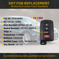 Key Fob Replacement Compatible with Toyota Avalon 2013-2018, Camry 2012-2017, Corolla 2014-2020 Smart Proximity Keyless Entry Remote Control Replaces HYQ14FBA 89904-06140 314 MHz 4 Buttons