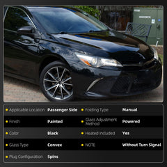 Passenger Side Mirror Black Compatible with Toyota Camry 2015 2016 2017 Heated Manual Folding Power Glass Right Door Mirror Replaces#TO1321320 (5PINS)