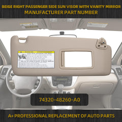 Beige Right Passenger Side Sun Visor Sun Shade Replacement with Vanity Mirror Compatible with Toyota Highlander 2004 2005 2006 2007 Replaces# 74320-48260-A0
