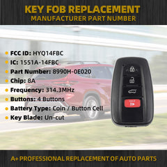 Key Fob Replacement Compatible with Toyota Highlander 2020 2021 2022 Replaces HYQ14FBC 8990H-0E020 Smart Proximity Keyless Entry Remote Control 4 Buttons 314.3MHz