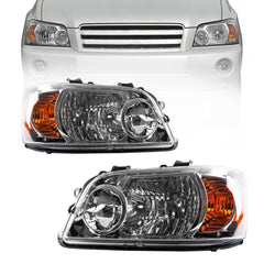 Left+Right Headlight Assembly Compatible with 2004-2007 Toyota Highlander Front Head Lights w/o Halogen Blubs Chrome Housing Replace# TO2503151 TO2502151