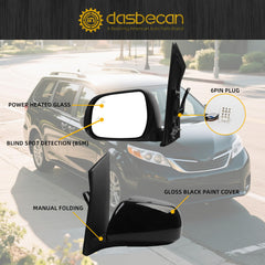 Driver Side Mirror Compatible With 2013-2017 Toyota Sienna Left Door Mirror with Manual Folding Blind Spot Detection Power Heated Glass Gloss Black Cover Replace#TO1320301 8794008113 (6pins)