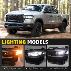 Right Passenger Side Headlight Assembly Compatible with Ram 1500 2025-2026 Replace 68530376AA Chrome Trim Head Lamp Light Replacement