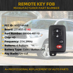 Key Fob Replacement Compatible with Toyota Highlander 2008-2013 Smart Proximity Keyless Entry Remote Control Replaces HYQ14AAB 89904-48110 271451-0140 Board 314.3MHz 4 Buttons (for SUV Only)