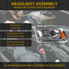 OE Projector Halogen Headlights w/LED Signal DRL Compatible With Dodge Ram 1500 2500 3500 2013-2018 Left Driver Side Headlamp assembly Chrome Trim w/Bulbs Replaces#68324941AD CH2502290