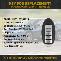 Key Fob Replacement for Nissan Altima Maxima 2016 2017 2018 Infiniti Q50 Q60 Smart Proximity Keyless Entry Remote Control Replaces KR5S180144014 285E3-4RA0B S180144310 5 Buttons