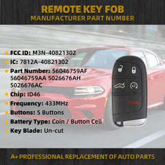 2PCS Key Fob Replacement Compatible with Chrysler 300 2011-2018 Dodge Charger Challenger Dart Keyless Entry Remote Control Replaces M3N-40821302 56046759AF ID46 Chip 433MHz 5 Buttons