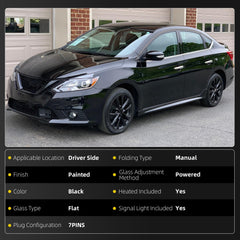 Driver Side Mirror Assembly Compatible with Nissan Sentra 2013-2019 | Heated | Turn Signal Light | Manual Fold | Power Glass Black Left Mirror Replaces NI1320237(7Pins)