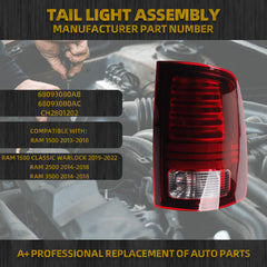 LED Tail Lights Assembly w/Bulbs Compatible With Dodge RAM 1500 2013-2018 RAM 1500 Classic Warlock 2019-2022 RAM 2500 3500 2014-2018 Red Lens Black Interior Left+Right 1Pair