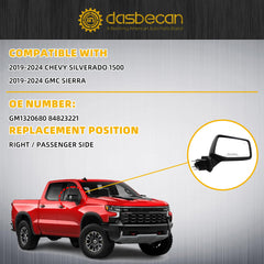 Right Passenger Side Mirror Compatible with 2019-24 Chevy Silverado 1500 With Power Heated Glass/Temp Sensor/LED Turn Signal/Blind Spot Light/Black Cap Replace# GM1321586 (9Pins)