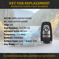 Key Fob Replacement Keyless Entry 4 Buttons Compatible with 2017-2021 Ford Fusion 2018-2022 Ford Mustang Smart Remote Control Replace# FCC ID:M3N-A2C93142300 P/N:164-R8150