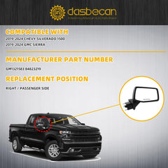 Passenger Side Mirror Compatible with 19-24 Chevy Silverado 1500, GMC Sierra with Power Heated Glass/Temperature Sensor/Manual Folding/Glossy Black Mirror Cap Replace#GM1321583 (7 Pins)