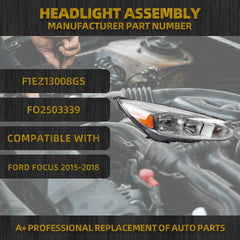Halogen Headlight Assembly Compatible With Ford Focus 3rd Gen 2015-2018 w/o LED DRL Right Passenger Side Chrome Headlamp Replaces# F1EZ13008GS