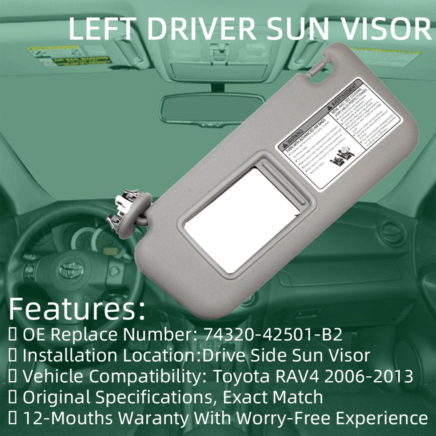 2006-2013 Toyota RAV4 Sun Visor with Vanity Light 74320-42501-B2 74320-42500-B0 74320-42500-B3 74320-42501-B3 - Dasbecan