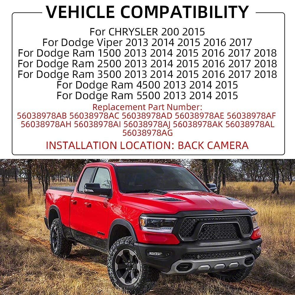 Dasbecan Rear View Back Up Camera Replacement Compatible with Dodge Viper 2013-2017 Ram 1500 2500 3500 2013-2018 4500 5500 2013-2015 Chrysler 200 2015 Replaces# 56038978AB - Dasbecan