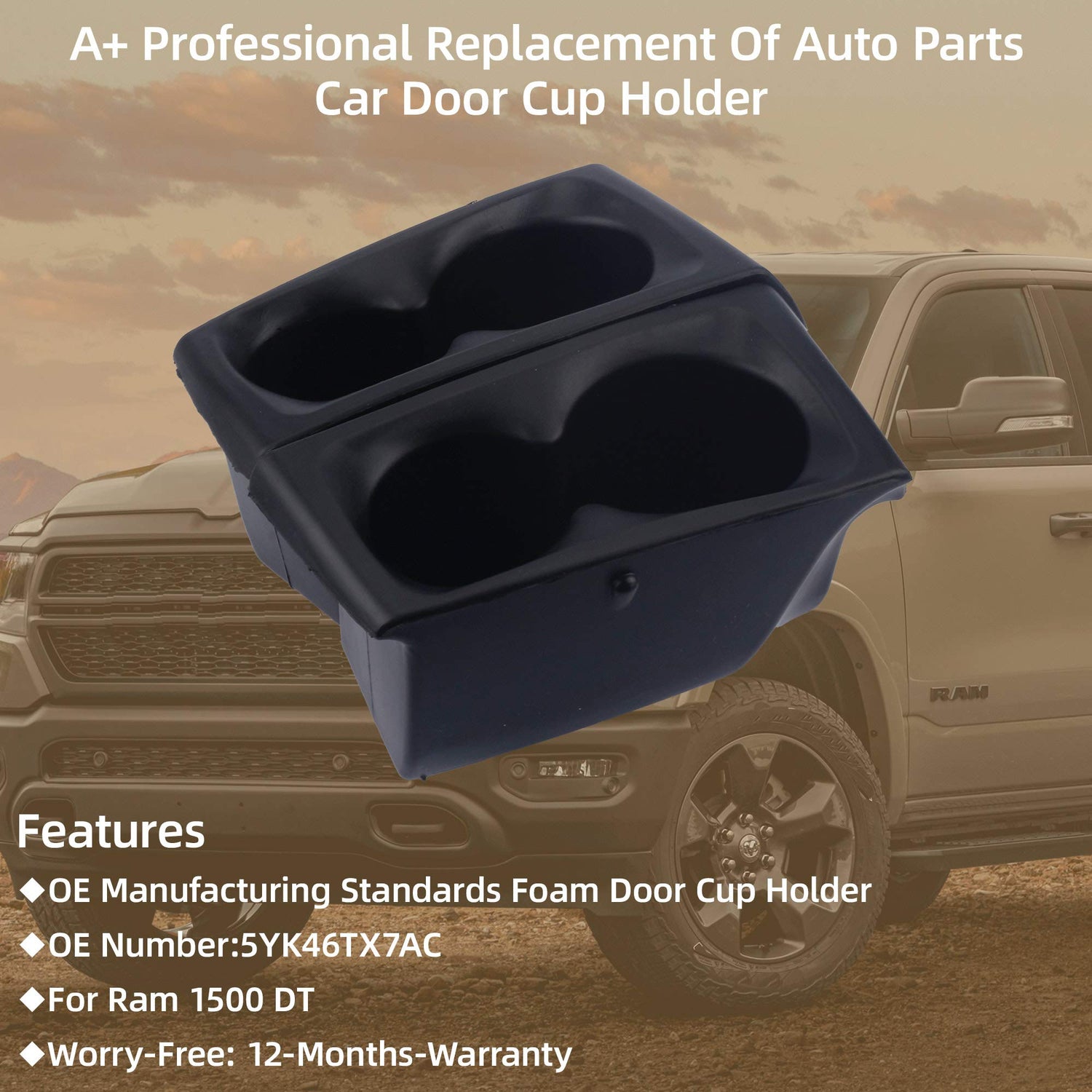 2019-2021 Ram 1500 DT Right & Left Side Foam Door Trim Cupholders 5YK46TX7AC (New Body) - Dasbecan